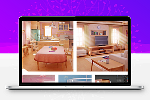 Blender少女米塔粉色房间卡通室内卧室客厅厨房3D模型游戏场景素材