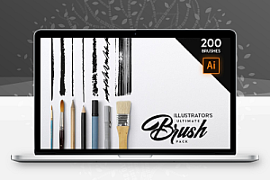 201支手绘插画铅笔记号笔水彩书法笔木炭粉笔绘画效果Ai矢量笔刷 Illustrator’s Ultimate Brush Pack