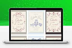 法式手绘线条高级婚礼邀请函菜单节日海报贺卡PS模版设计素材7款