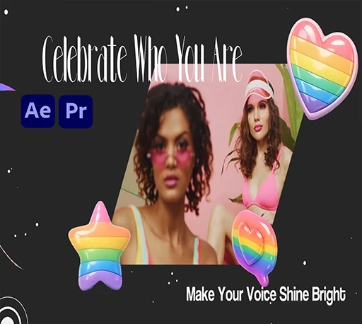 可爱彩虹元素趣味贴纸动画视频开场AE/PR模板(含音乐素材) Rainbow Celebration Pride Opener