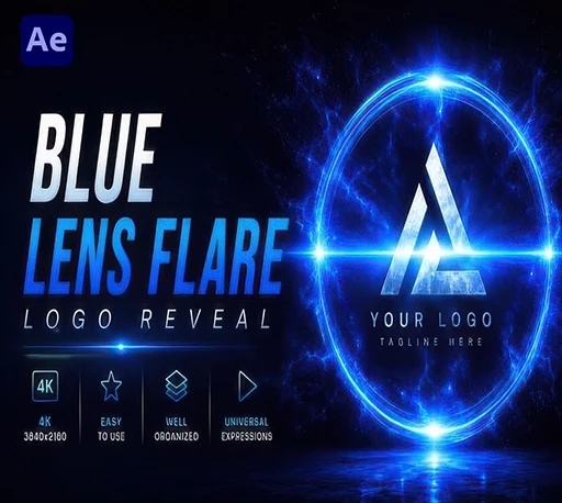 科技感电影级光效LOGO演绎AE模板 Blue Lens Flare Logo Reveal
