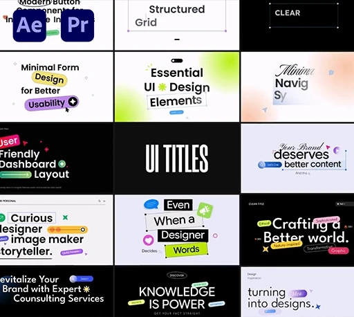 100组现代时尚UI排版动画文字标题动画预设AE/PR模板 UI Typography Pack