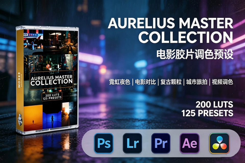 【调色预设】Moses Aurelius 325款经典复古电影胶片人像旅拍生活摄影调色LUT及Lightroom预设 Aurelius Master Collection – 200 LUTs & 125 Presets