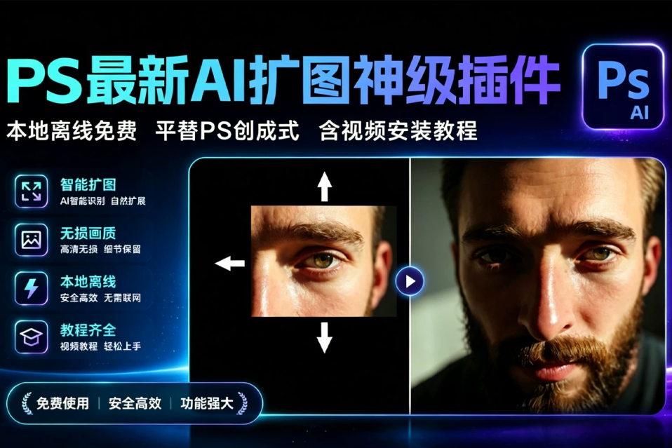 本地离线 完全免费 PS AI扩图插件神器 平替PS创成式填充 AI绘画 文生图 局部重绘 AI扩图 模糊放大等！联动ComfyUI 含视频安装教程！