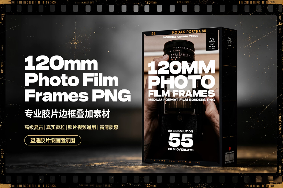【PNG素材】55款8K分辨率经典120MM中画幅胶片边框照片视频叠加特效素材 Sickboat – 120mm Photo Film Frames PNG