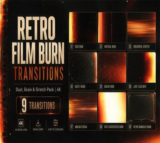 达芬奇+PR+FCPX复古电影胶片灼烧漏光灰尘颗粒转场模板 Retro Film Burn Transitions 4K