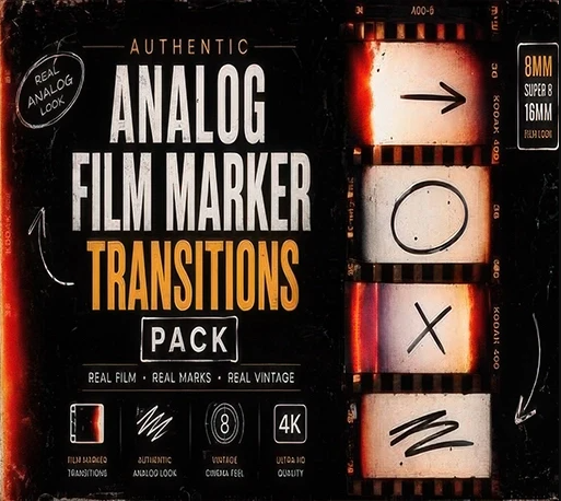 达芬奇+PR+FCPX真实模拟胶片标记转场模板 Authentic Analog Film Marker Transitions Pack