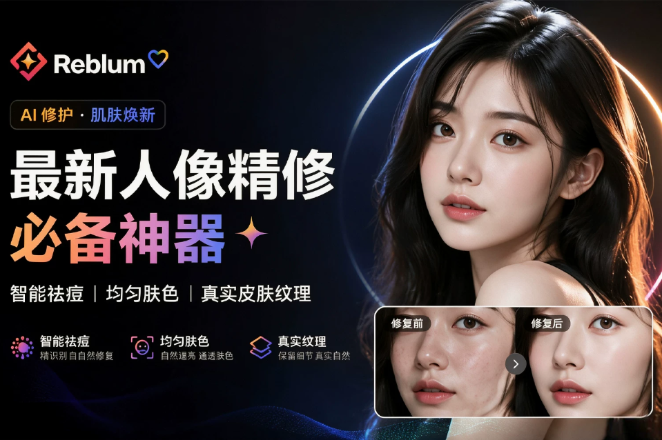 Reblum v1.5 汉化版 (Win)|摄影师人像精修神器 AI 智能祛痘、自然匀肤,保留皮肤质感